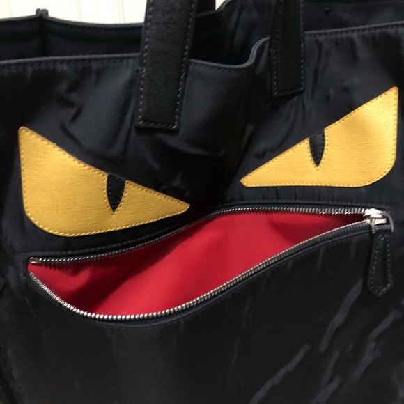 Fendi Vitello black Monster Yellow Eyes Nylon Tote - Picture 1 of 10